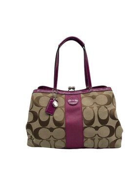 Coach Fuschia & Brown Signature Stripe Framed Carryall F19190